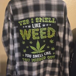 Plaid FLANNEL Shirt with Weed Graphic Blk N White  Ladies Size LG
